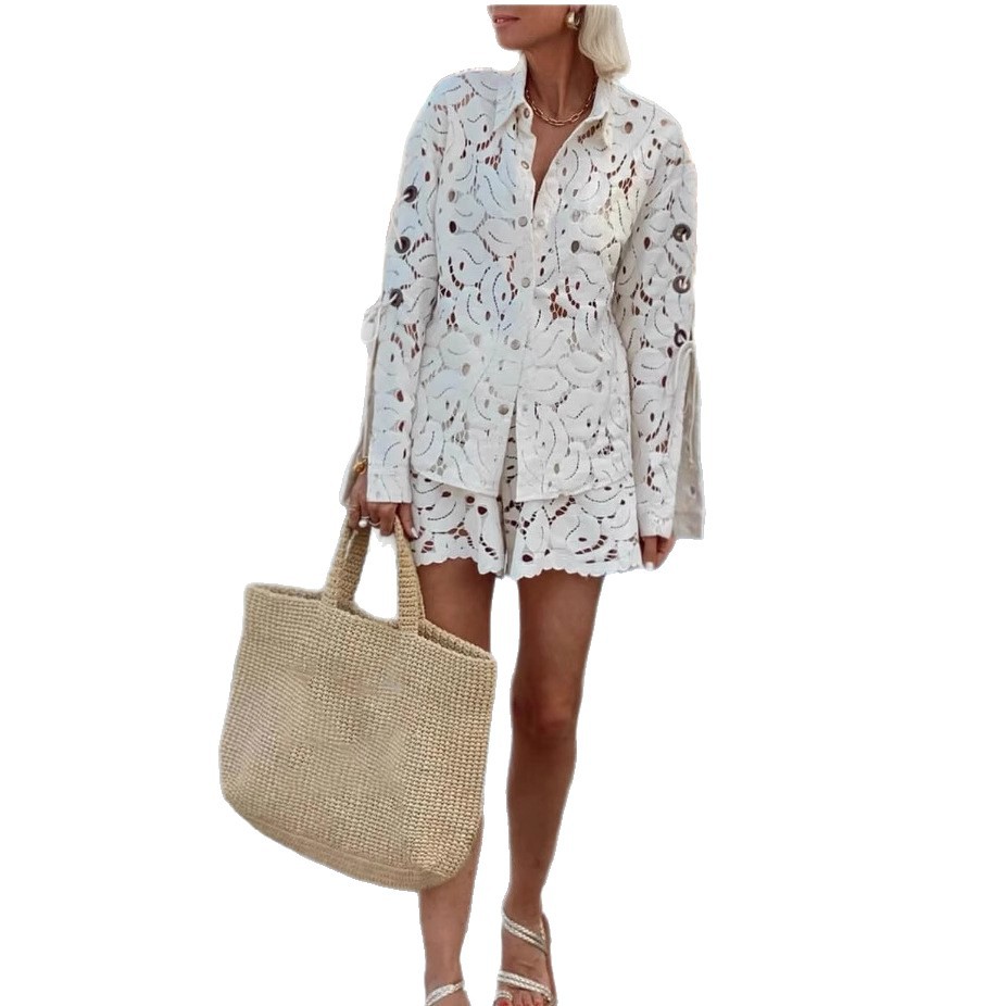 Women's Lace Cutout Collared Long Sleeve Top and Shorts Two-Piece Set