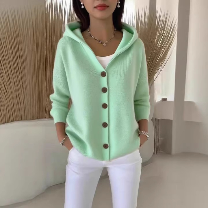 Women's Hooded Knit Cardigan Solid Color Casual Sweater Coat