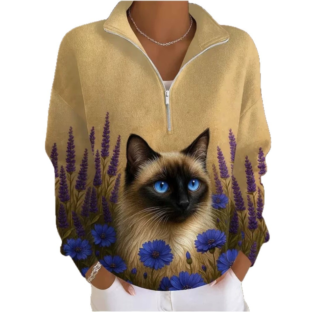Cute Animal Print Half-Zip Hoodie for Women