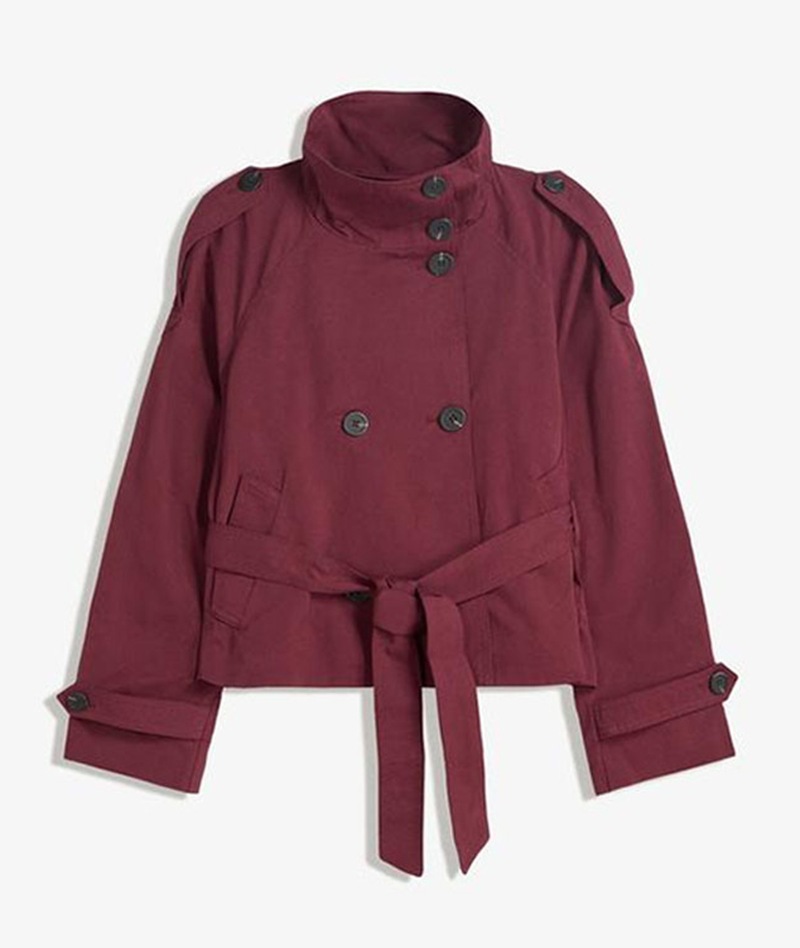 Women's Double-Breasted Belted Trench Coat with Stand Collar