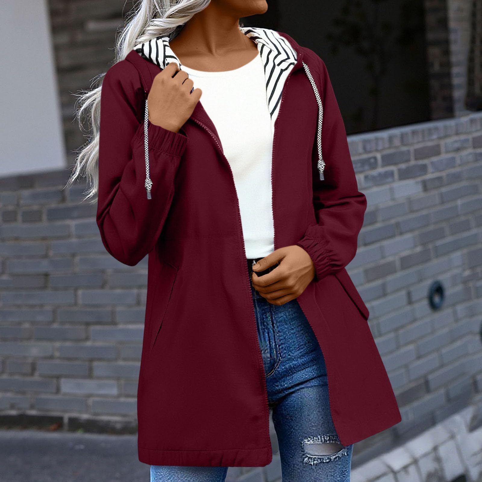 Women's Casual Hooded Zip Water-Resistant Mid-Length Windbreaker