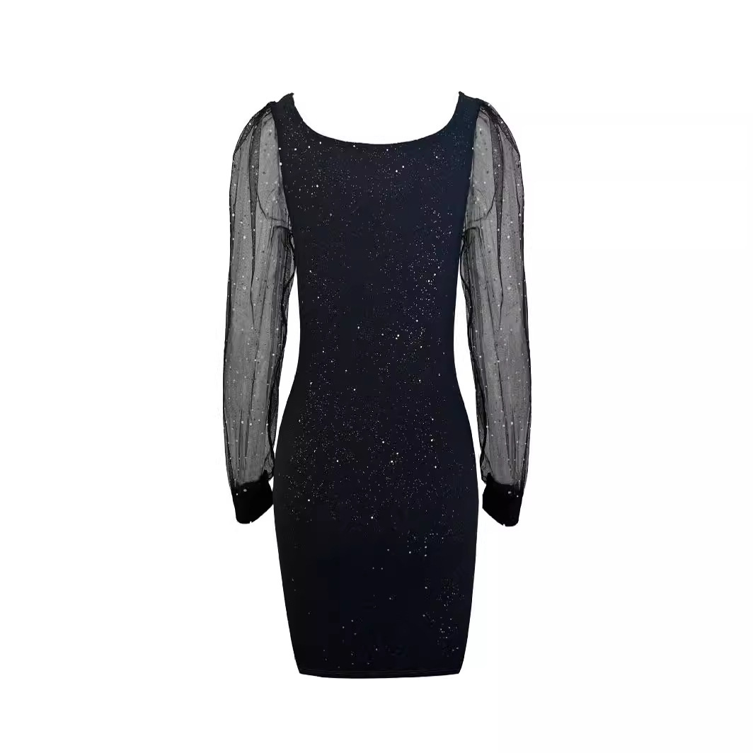 Elegant V-Neck Mesh Sleeve Bodycon Evening Dress with Gold Foil Detail