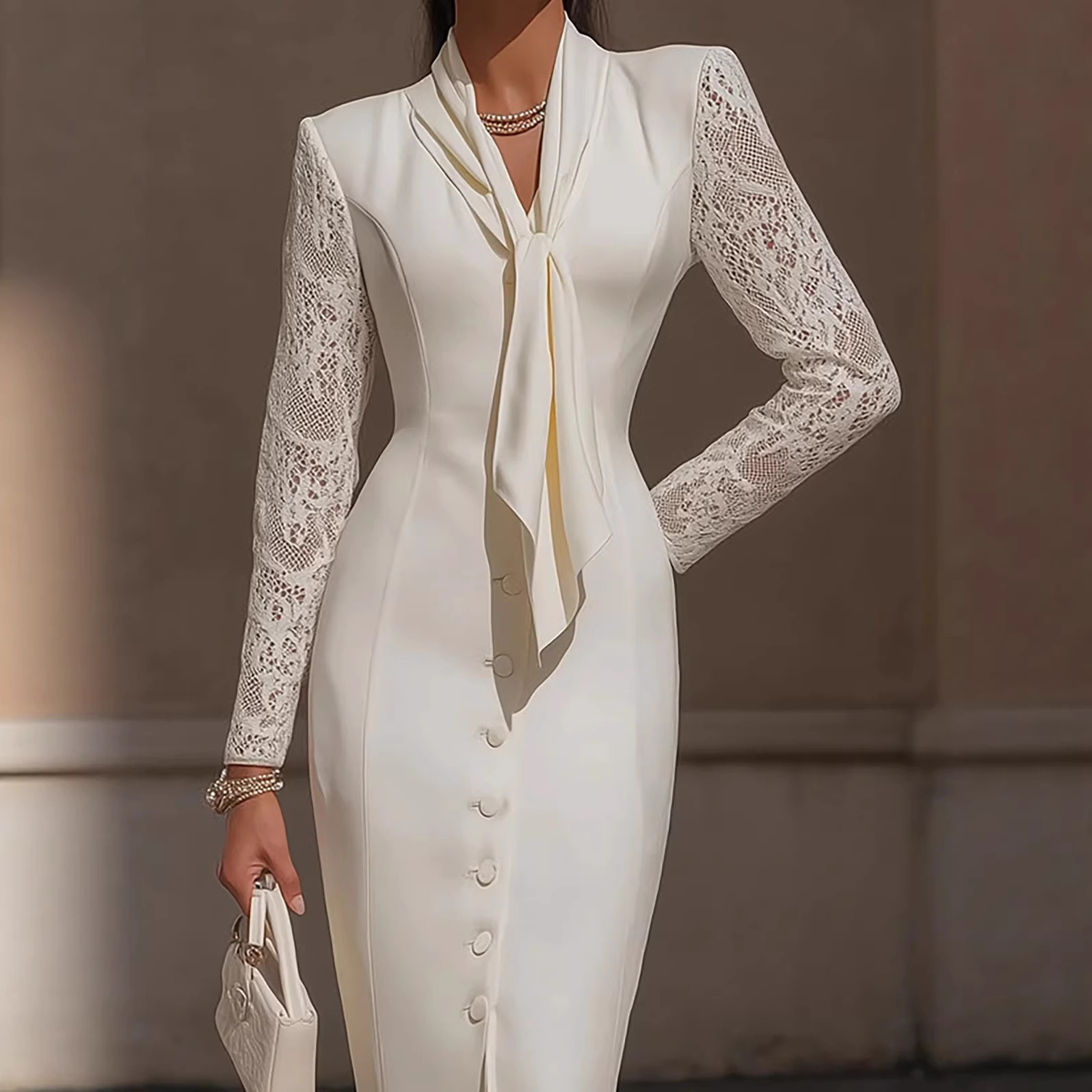 Lace-Trim Button-Front Long-Sleeve Solid Dress