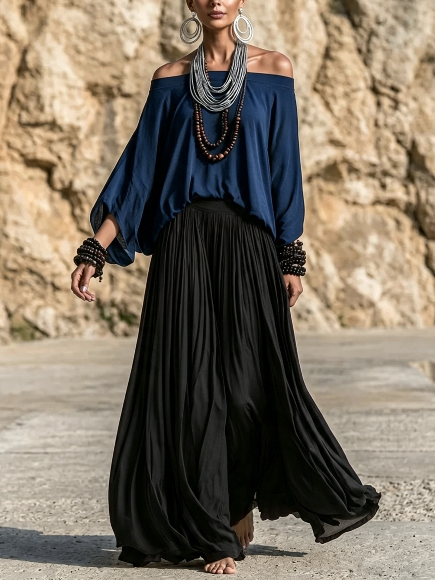 Bohemian Off-Shoulder Top & Wide-Leg Maxi Skirt Two-Piece Set