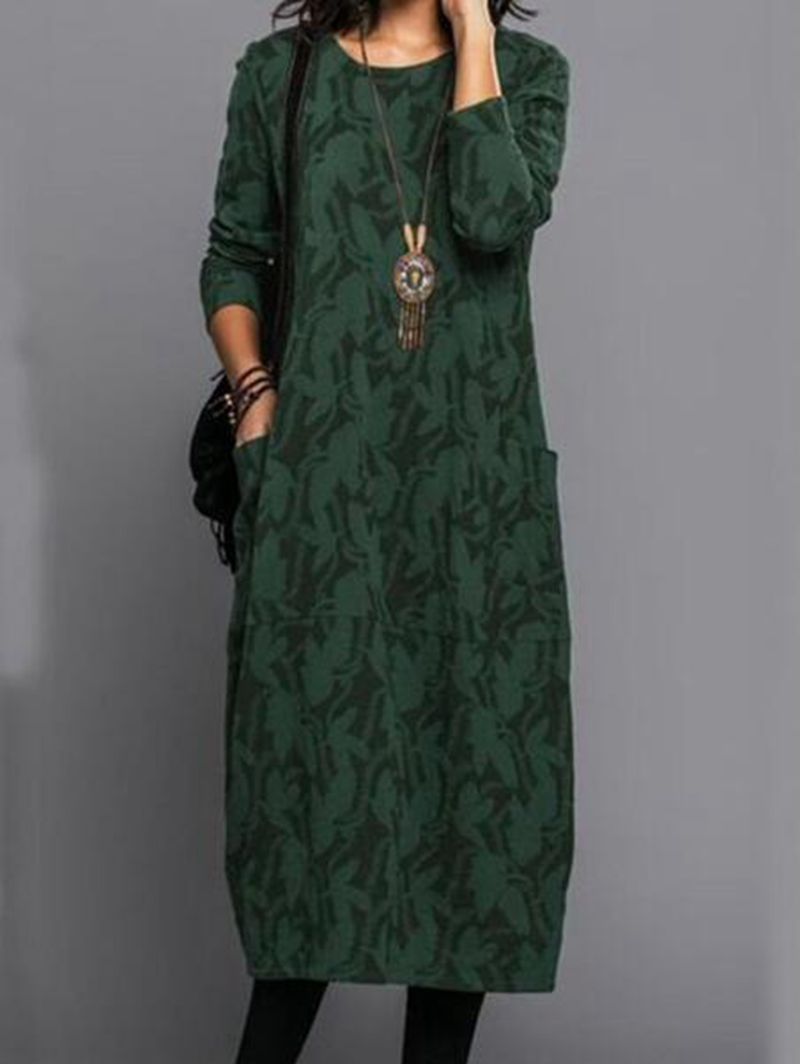 Women's Round Neck Long Sleeve Pocket Dress Casual Floral Print