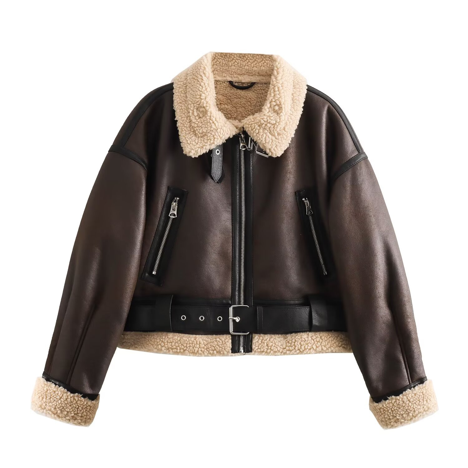 Women's Cropped Zip-Up Jacket with Pockets, Khaki & Brown