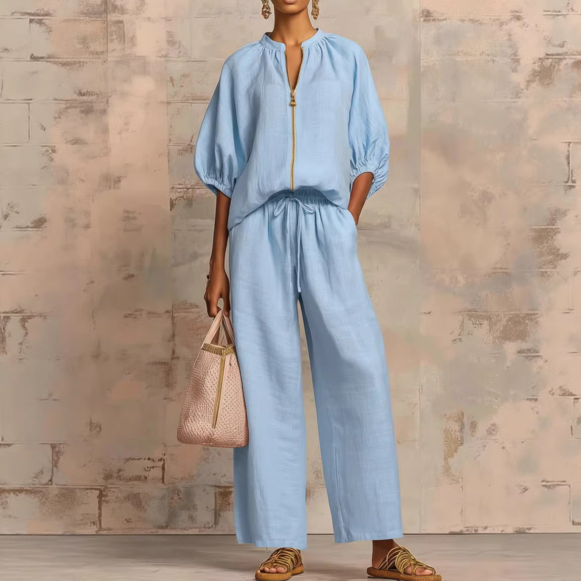Women's Casual Solid Zip Round Neck Wide-Leg Pants Set