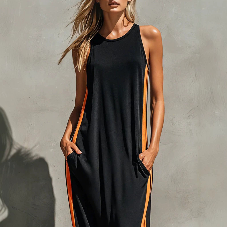 Women's Casual Retro Color Block Sleeveless Round Neck Cotton Long Dress