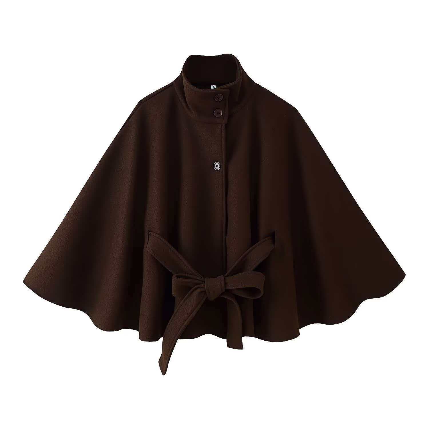 Women's Belted Cape-Style Wool Coat with Stand Collar, 5 Colors