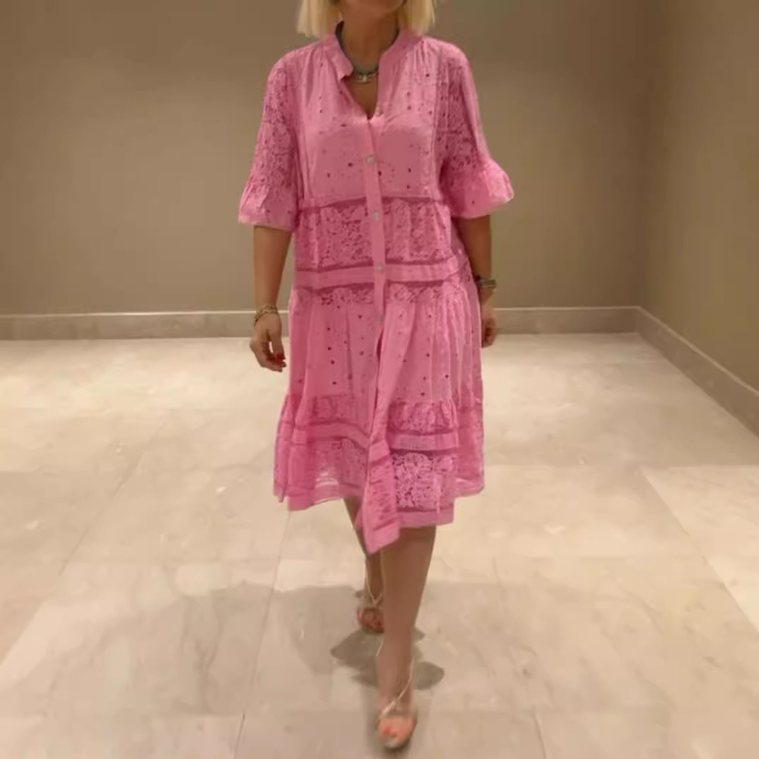 Women's Solid V-Neck Button Lace Panel Midi Dress