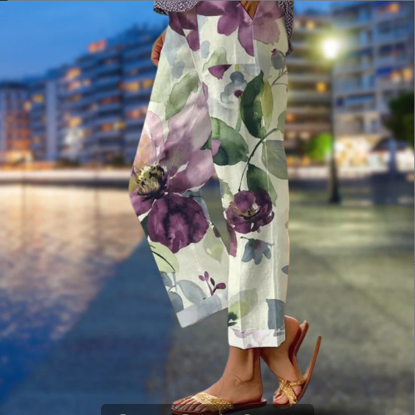 Women's Striped & Floral Print Straight-Leg Casual Pants