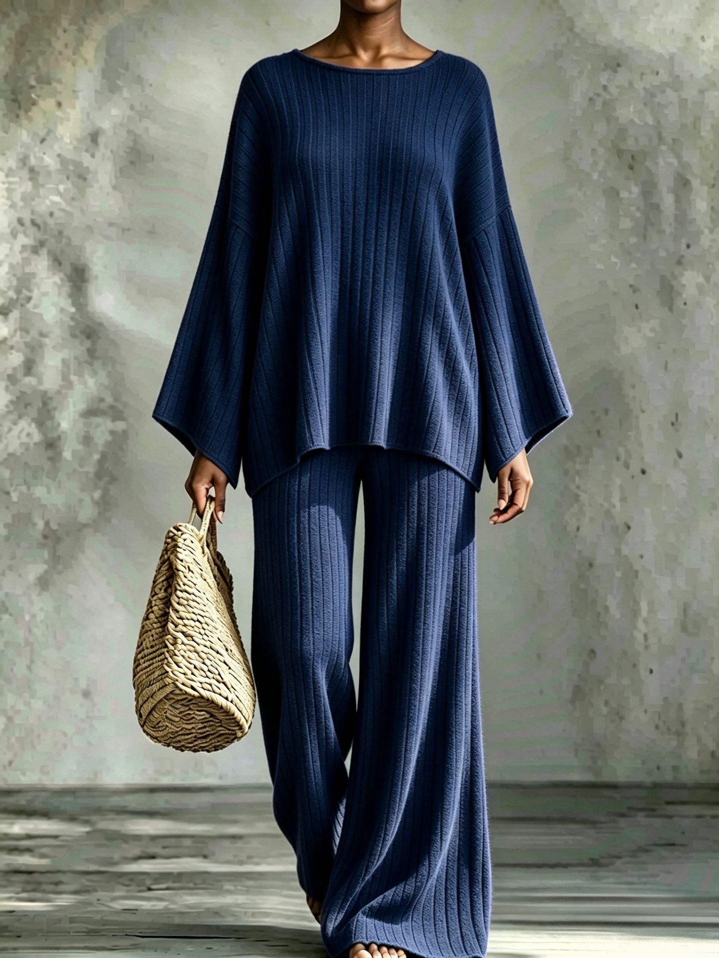 Women's Ribbed Brushed Long Sleeve Top and Pants Set Casual Loungewear