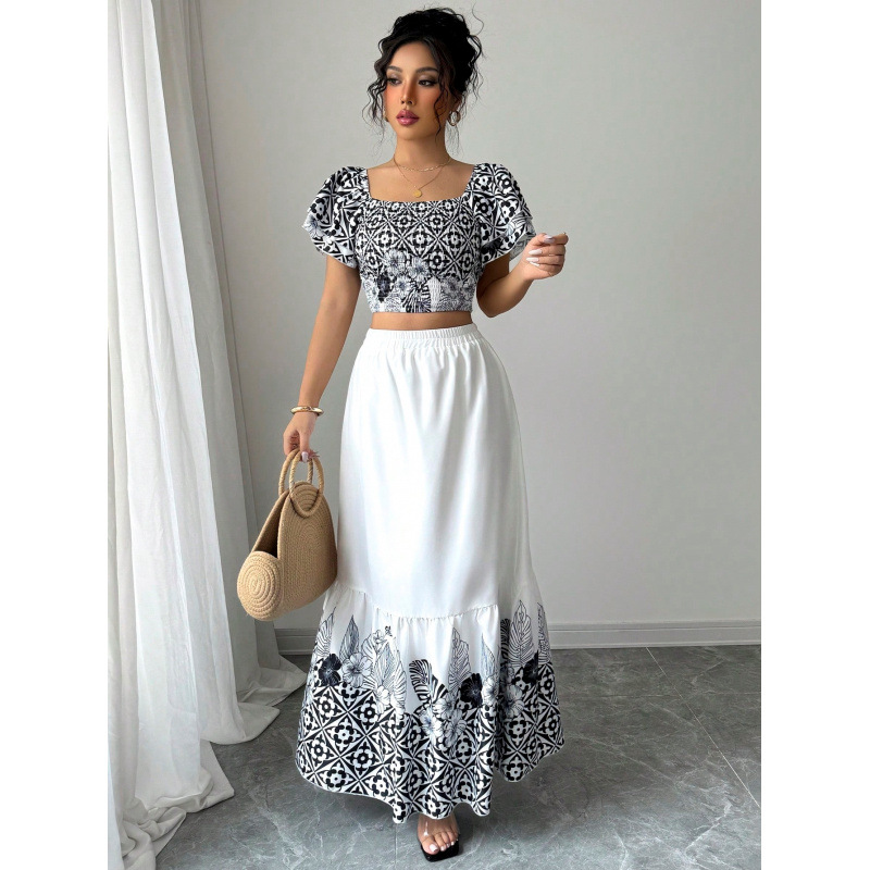 Women's Summer Floral Print A-Line Two-Piece Skirt Set