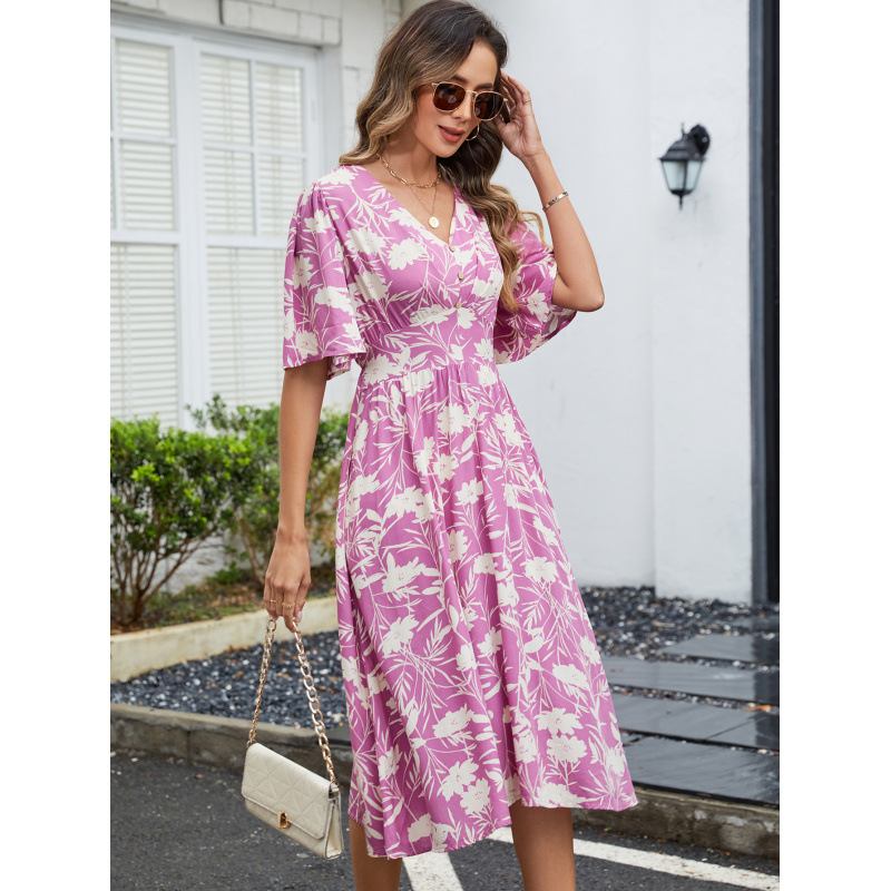 Boho Floral V-Neck Short Sleeve Cinched Waist Midi Dress