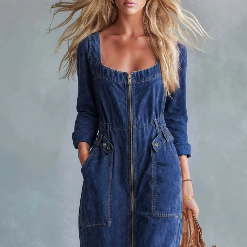 Women's Vintage Square Neck Long Sleeve Zip Front Denim Maxi Dress with Slit