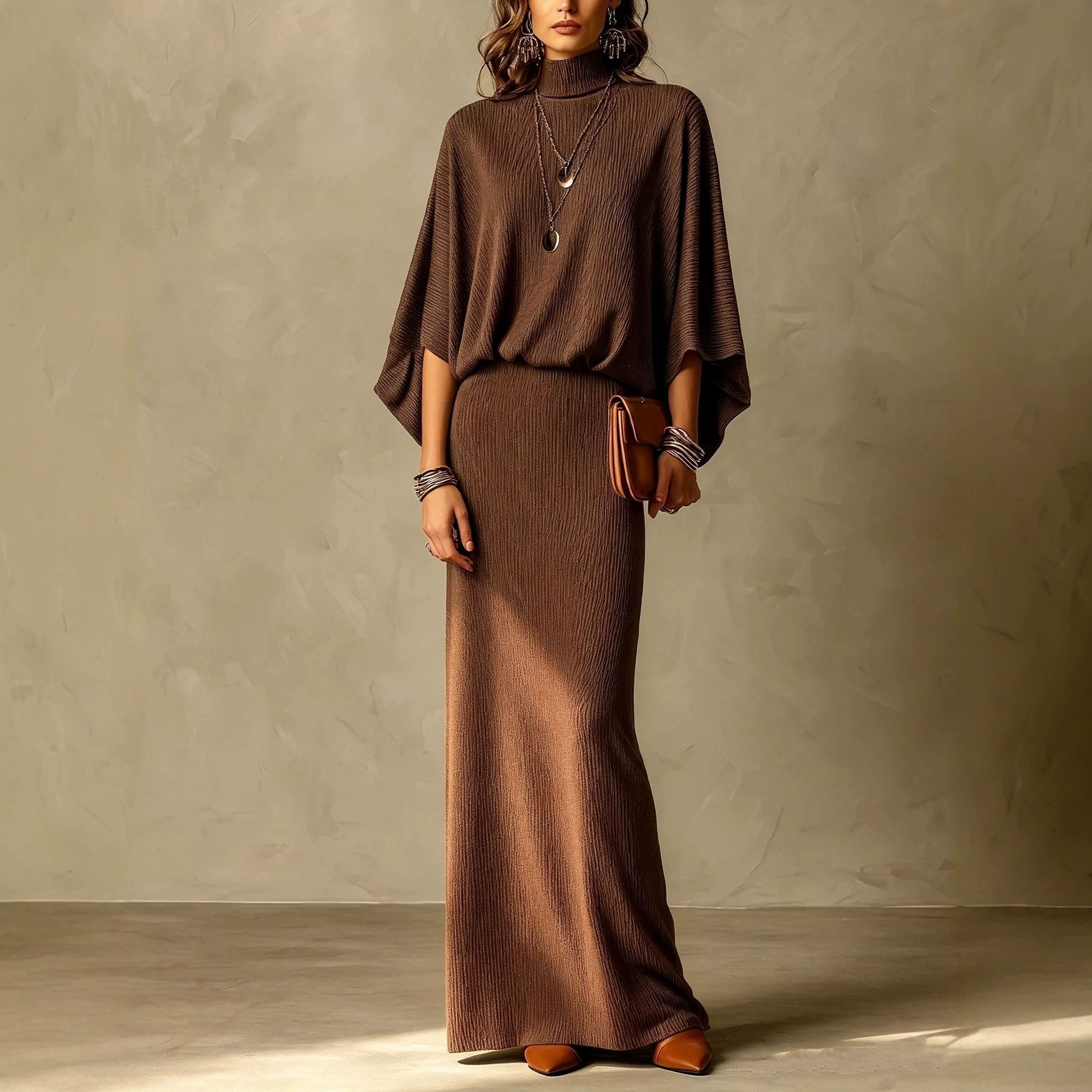Solid Ribbed Batwing Sleeve Two-Piece Skirt Set
