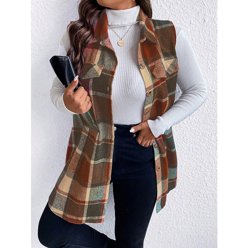 Plaid Sleeveless Button-Front Wool-Blend Vest Coat