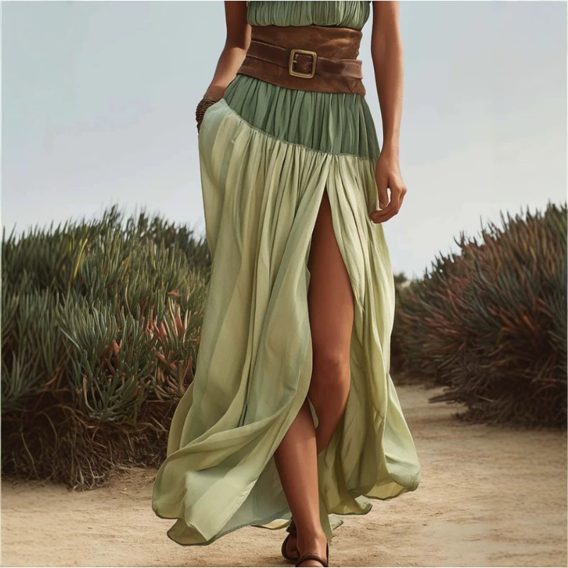 Faux Suede Belted Contrast Cotton Split Long Dress