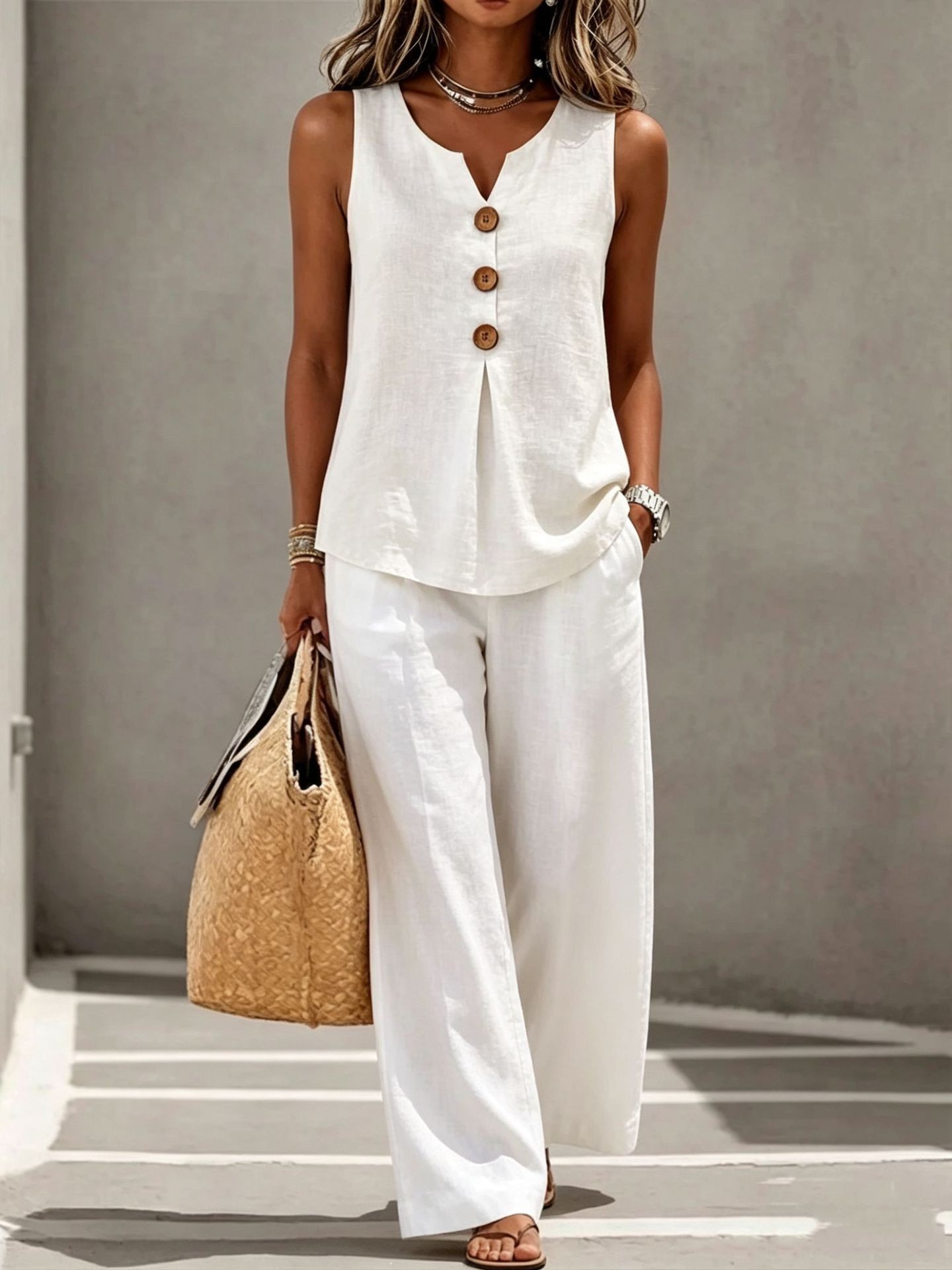 Women's Sleeveless Button-Down Top and Pants Two-Piece Set