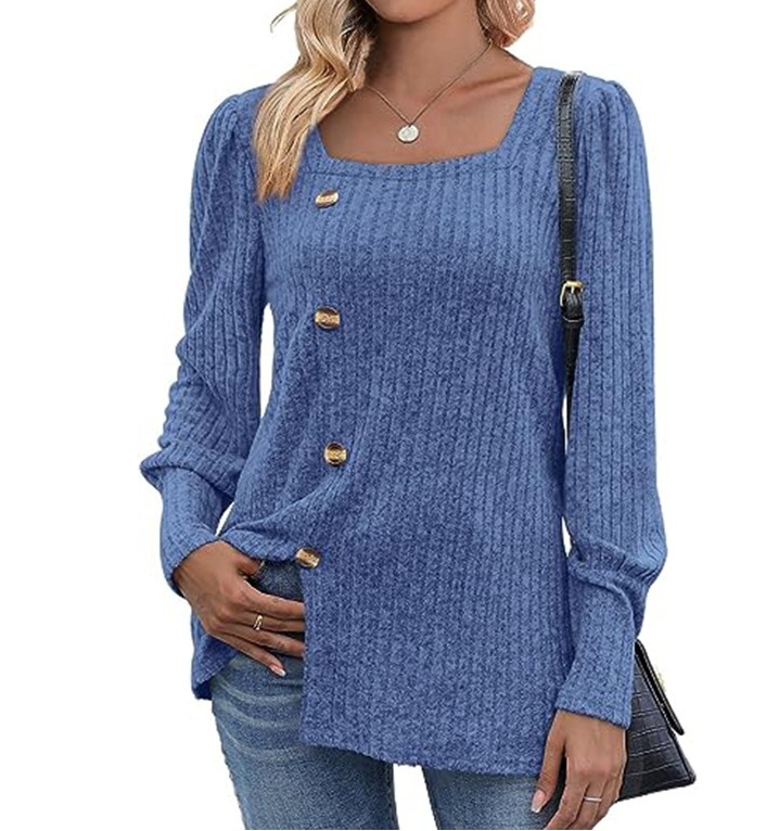 Ribbed Square Neck Puff Sleeve Split Sweater