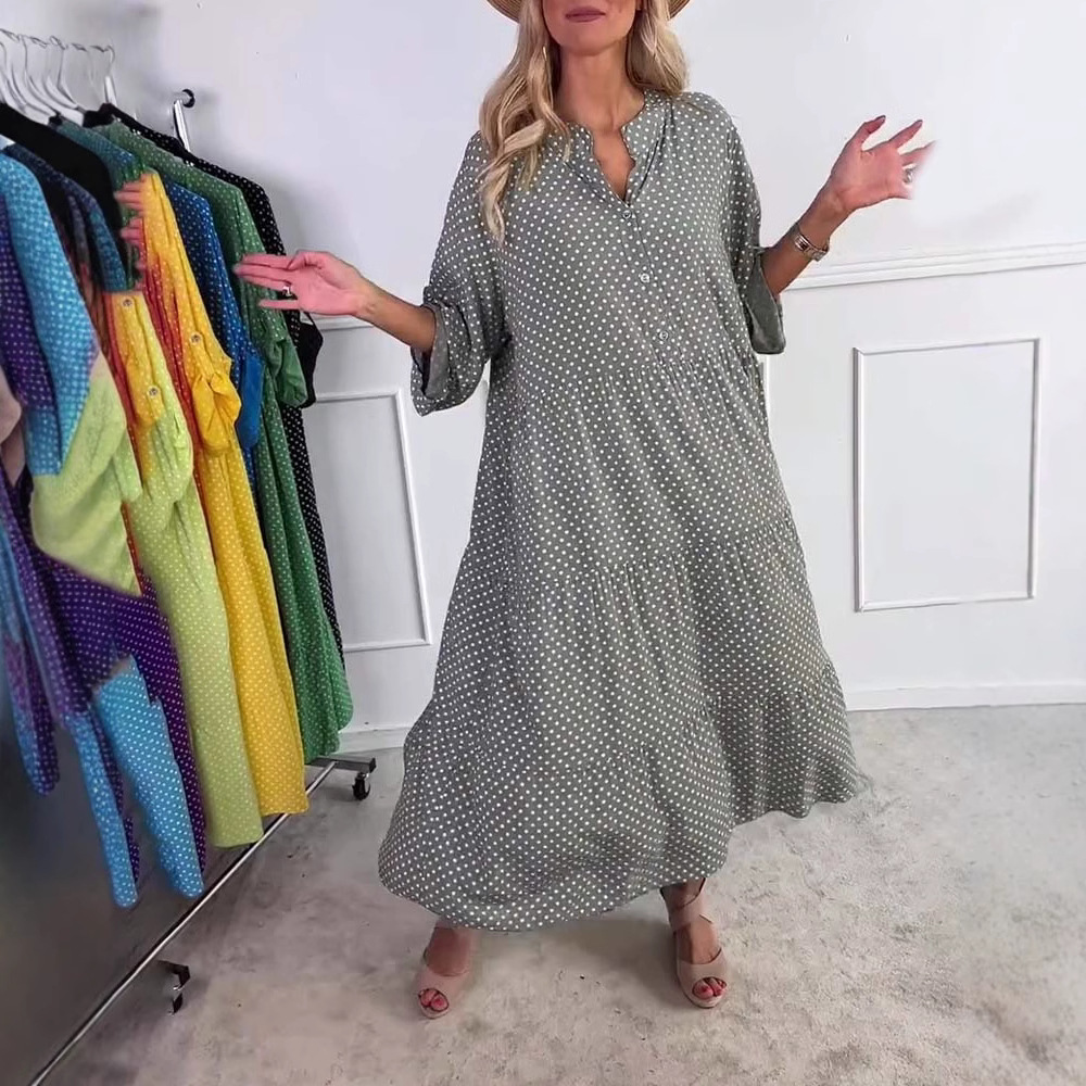 Polka Dot Button Down Loose Dress with Stand Collar