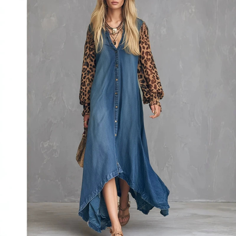 Retro Blue Denim Leopard Sleeve Long Dress