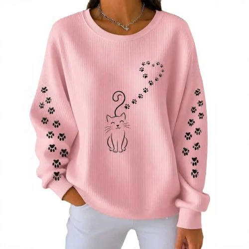 Women's Cat Tail Heart Paw Print Crewneck Sweatshirt