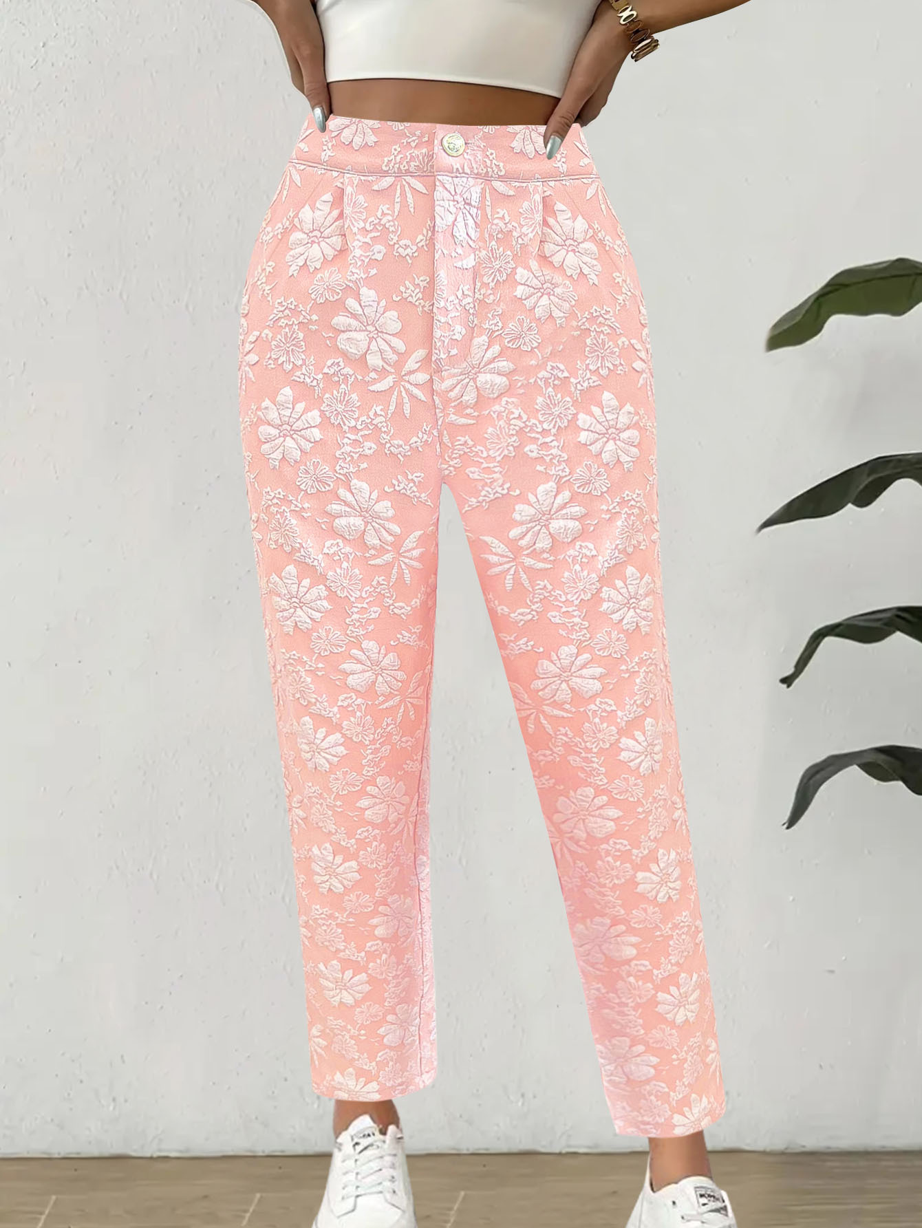Floral Jacquard High-Waist Straight-Leg Pants with Pockets