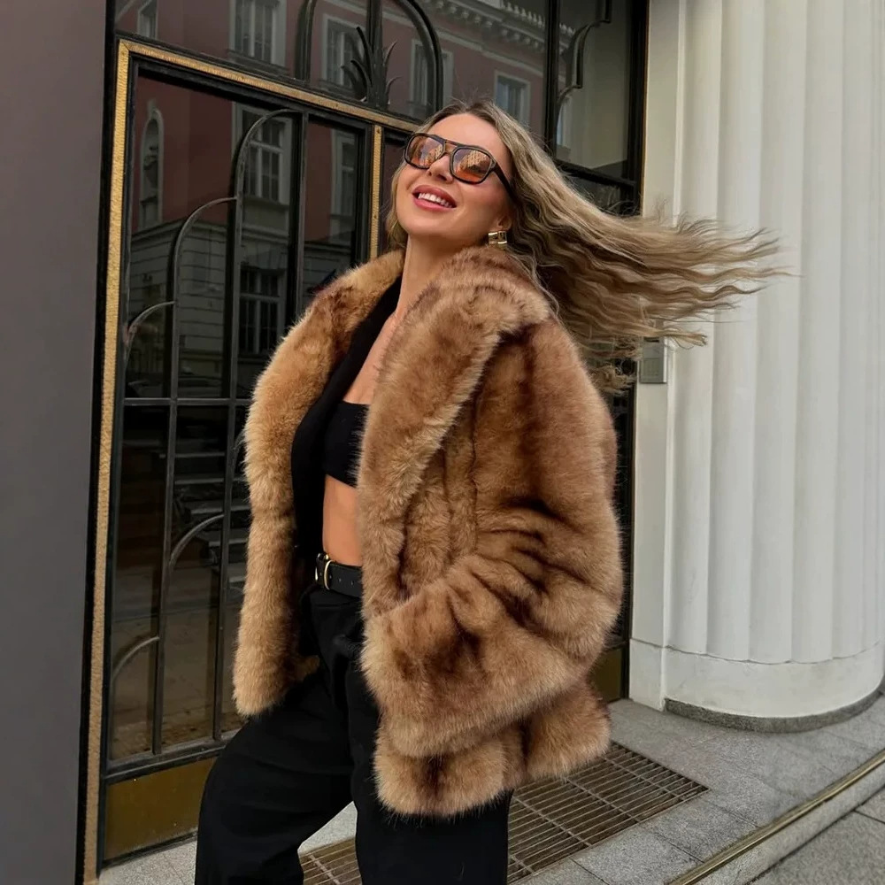 Yellow Striped Faux Fur Coat Women's Loose Thickened Mid-Length
