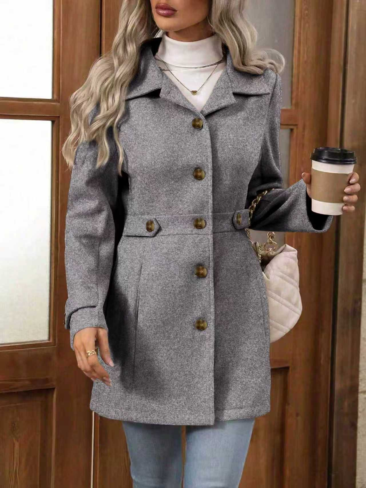 Women's Mid-Length Wool-Blend Coat with Lapel Collar and Button Front