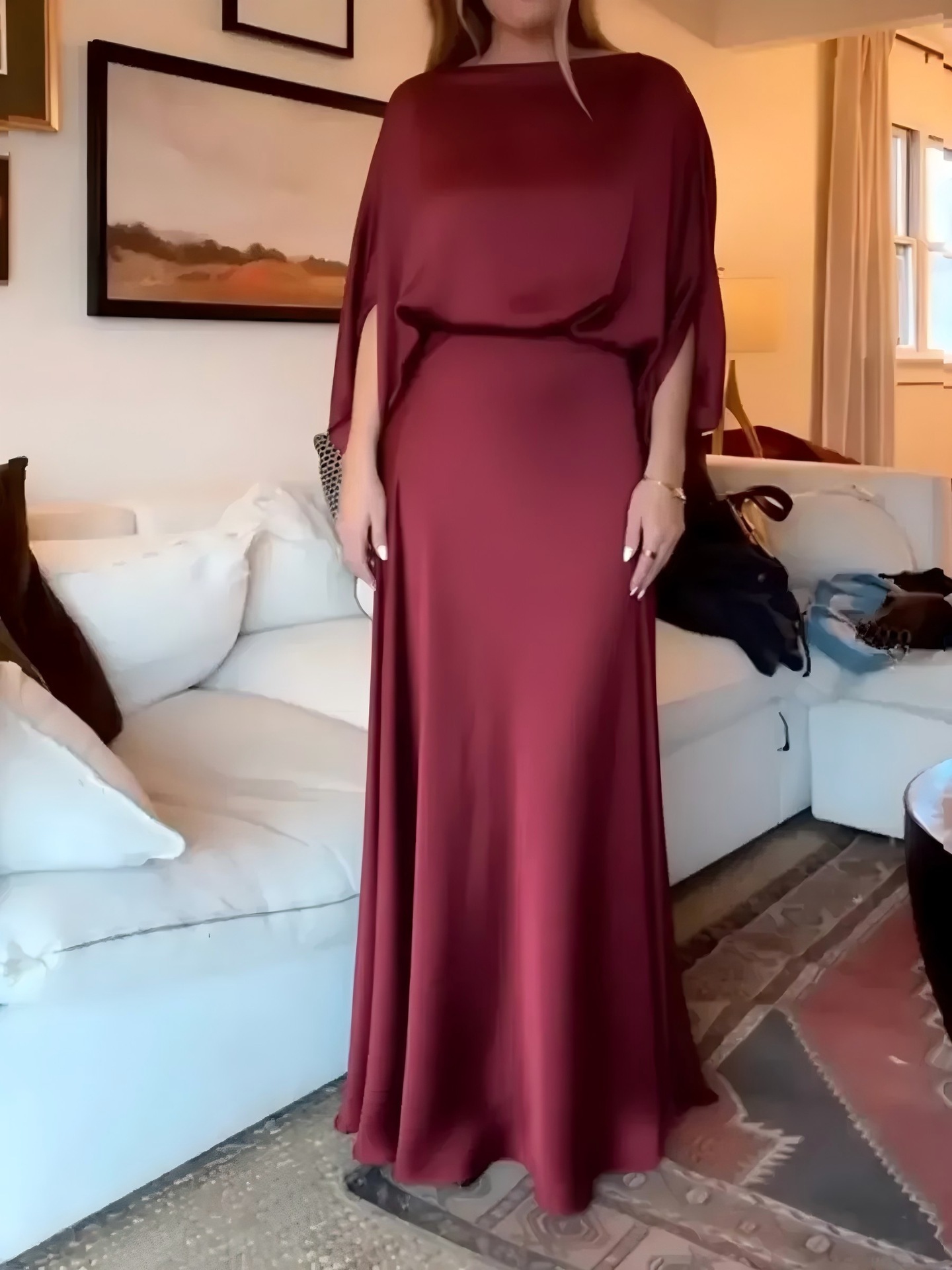 Women's Satin Bodycon Long Dress with Off-Shoulder Neckline and Flutter Sleeves