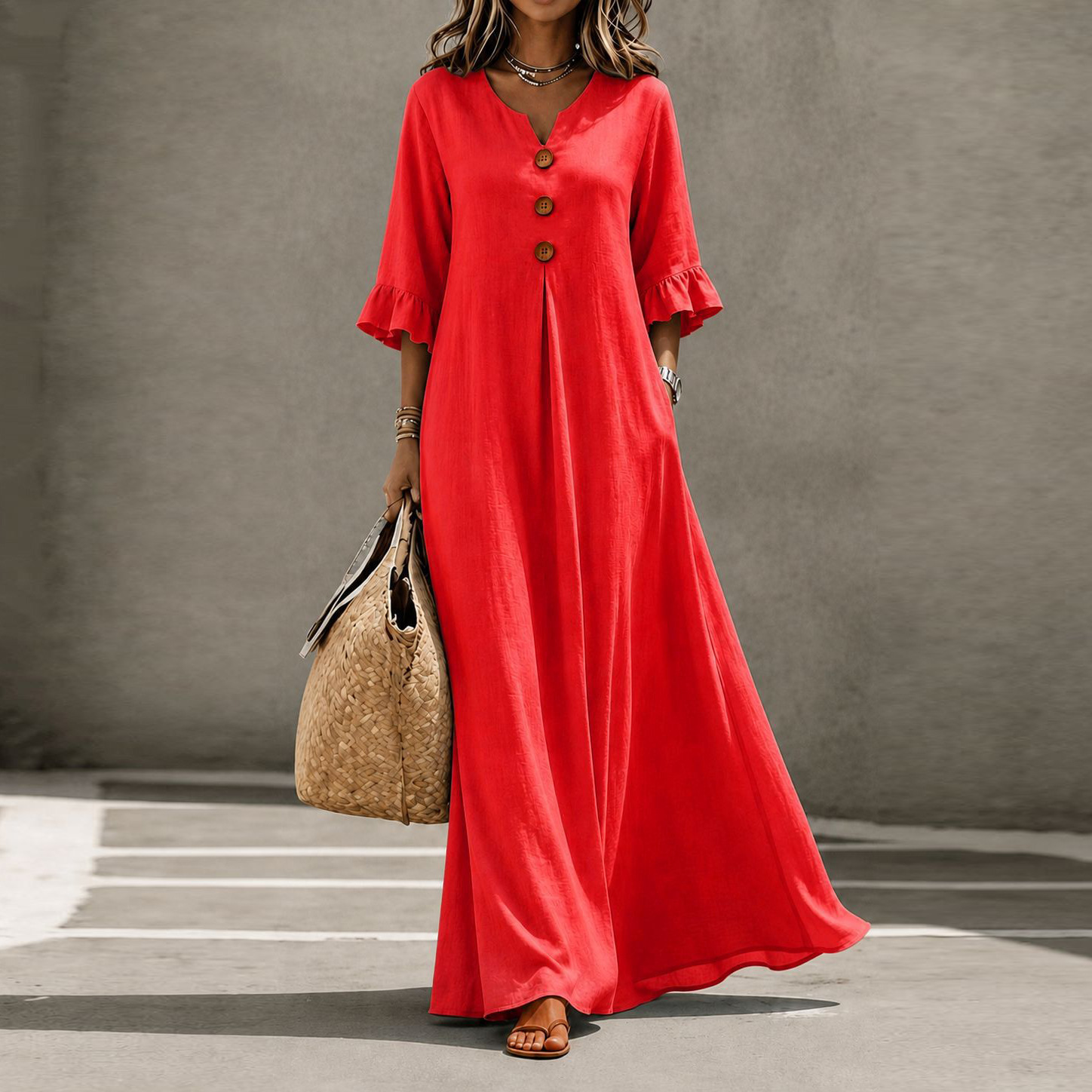 V-Neck Button Bubble Sleeve Loose Long Dress