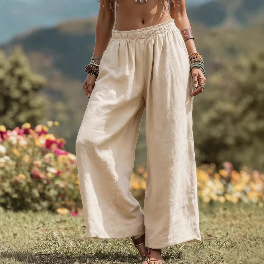 Women's Solid Color Wide-Leg Cotton Linen Pants with Pockets