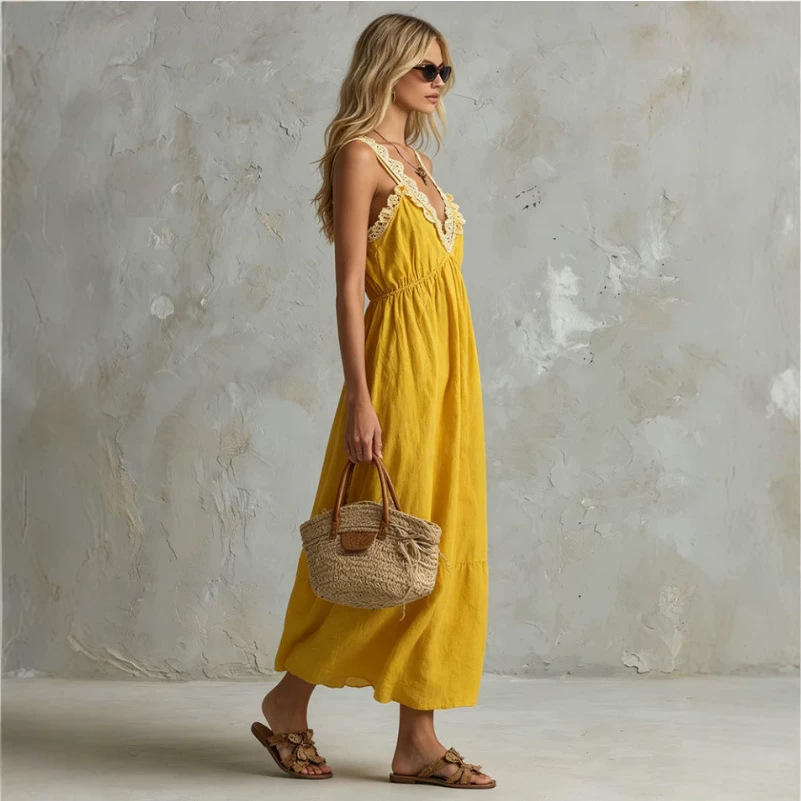 Yellow Sleeveless V-Neck Lace-Trim Maxi Dress