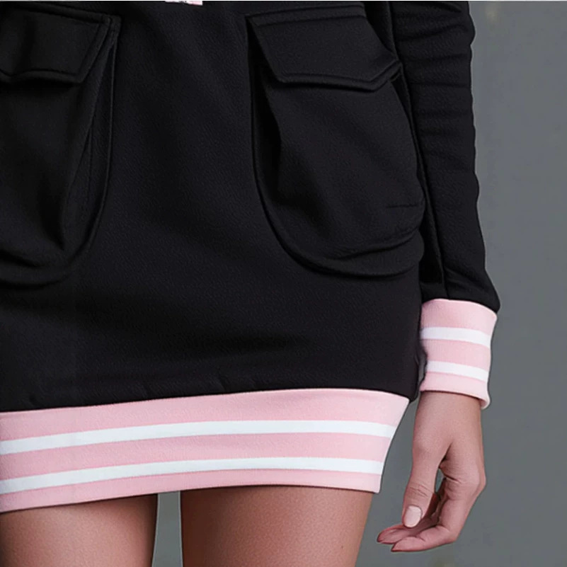 Casual Retro Colorblock Black Hooded Long-Sleeve Zip Mini Dress