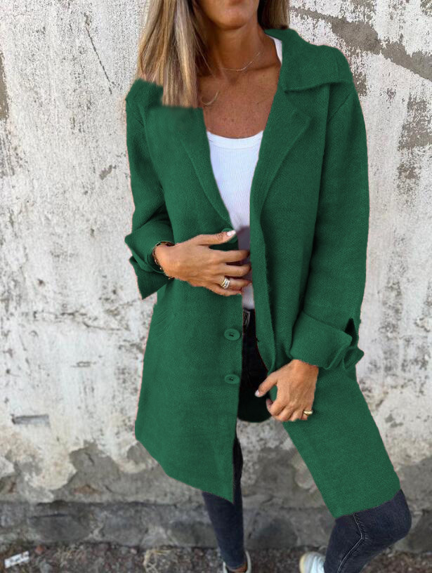 Women's Solid Color Lapel Collar Button-Front Pocket Cardigan Thickened Double-Faced Wool Coat