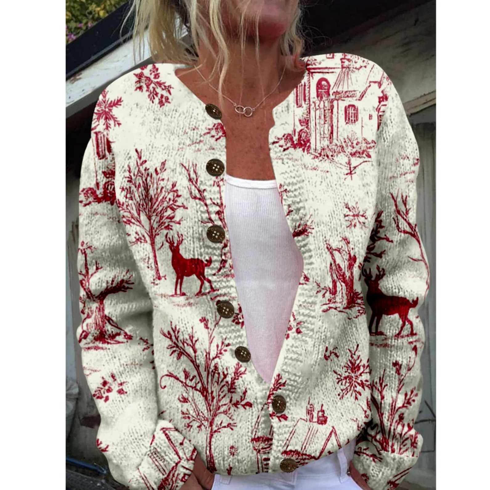 Women's Christmas Santa Print Button Cardigan Sweater