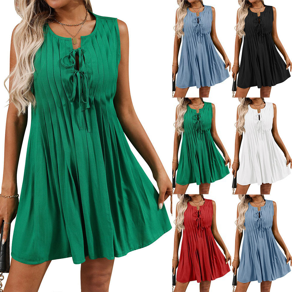 Tie-Front Sleeveless A-Line Vacation Dress