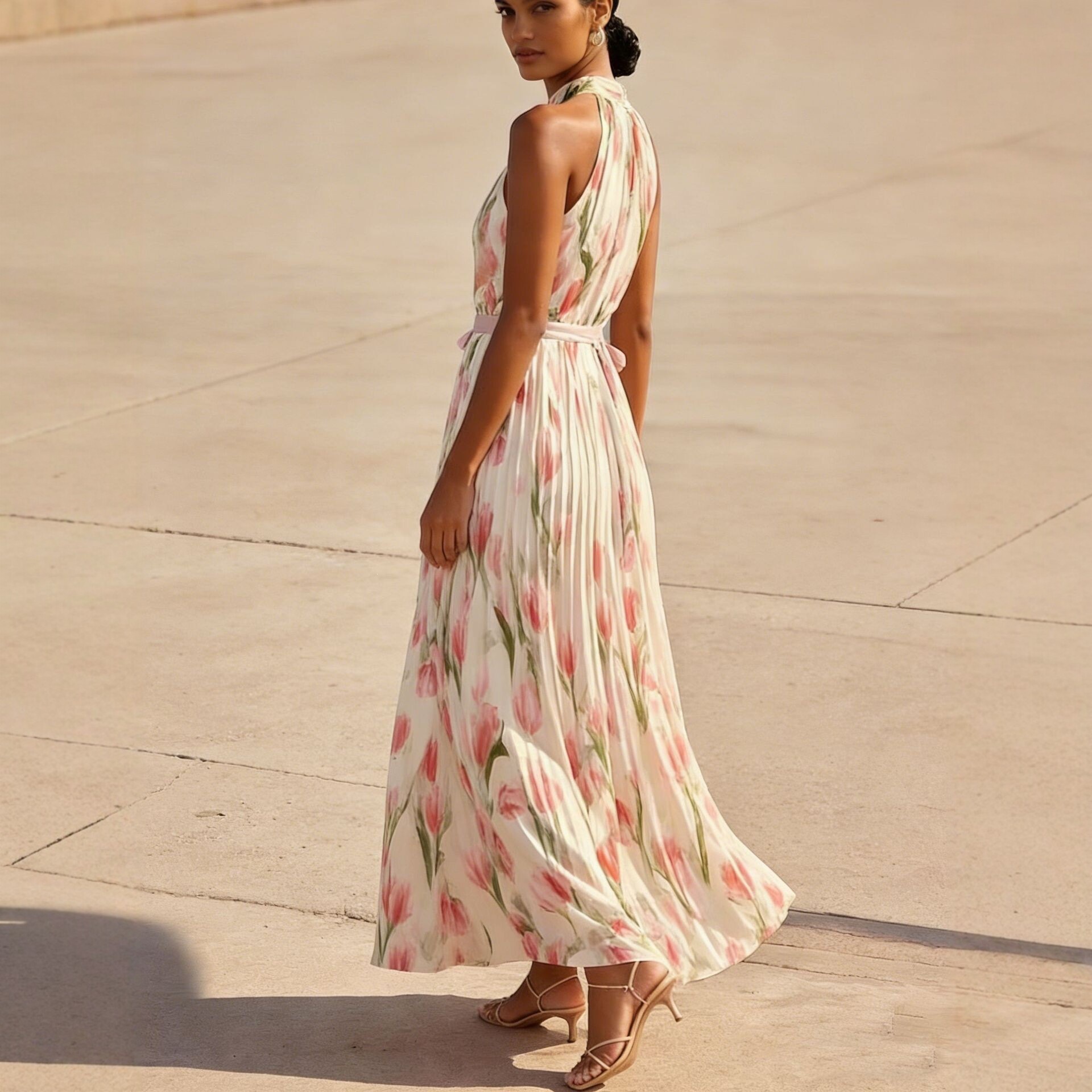 Women's Summer Halter Neck Floral Print Maxi Dress with Flowy Skirt