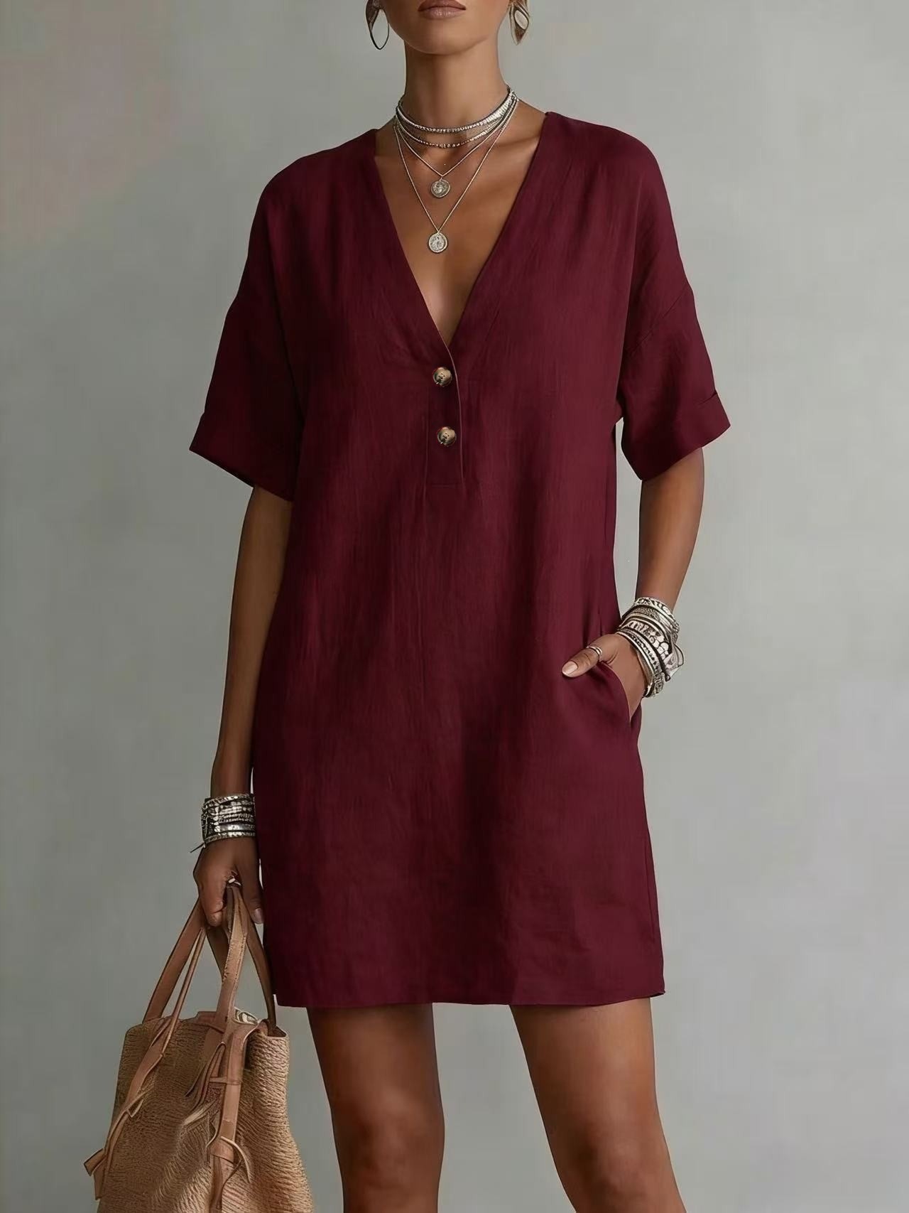 Boho Cotton-Linen Deep V Half-Button Short Sleeve Midi Dress