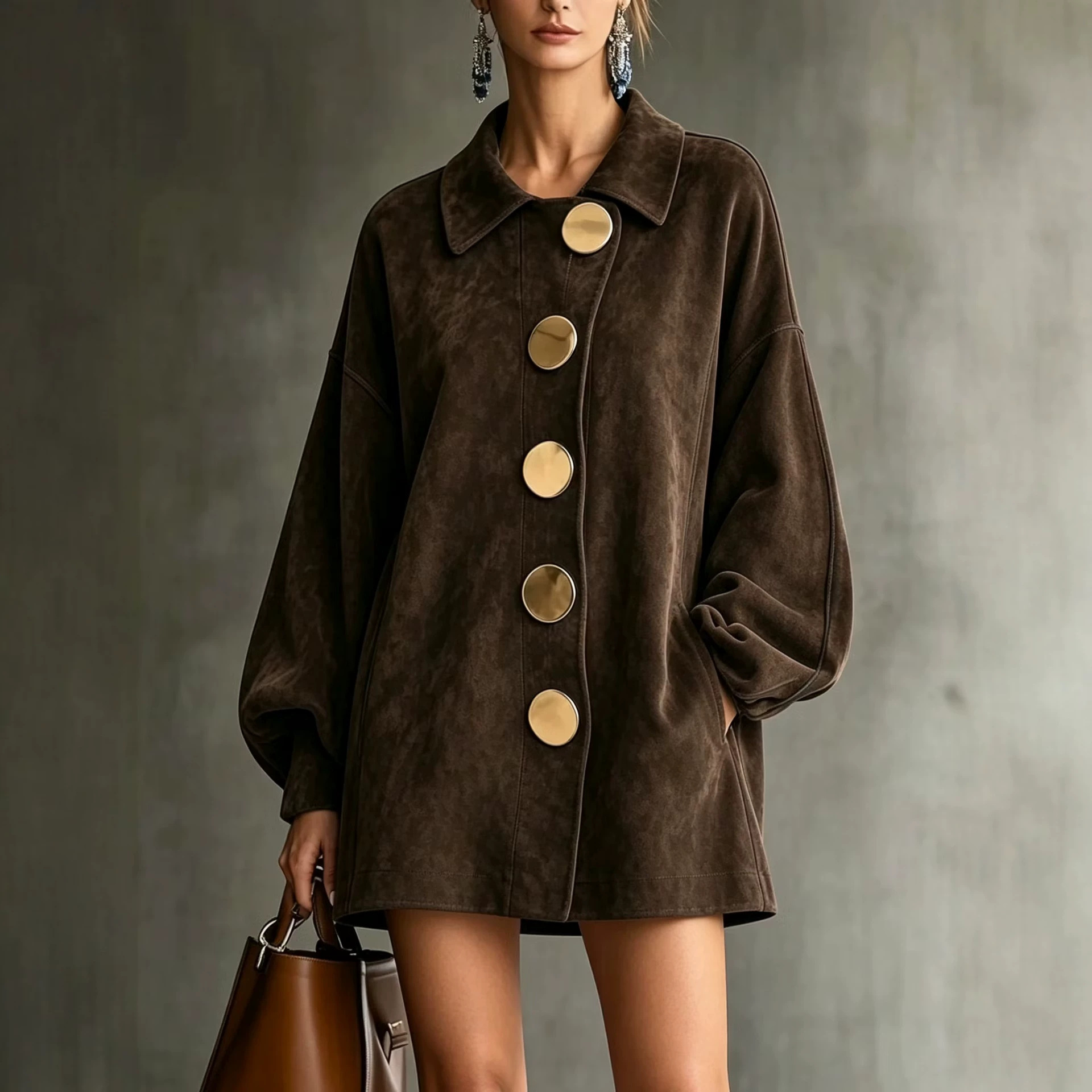 Suede-Look Retro Round-Neck Long-Sleeve Midi Dress