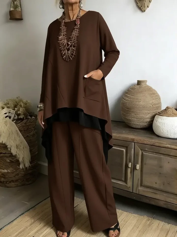 Women's Colorblock Long Hem 2-Piece Knit Sweater and Pants Set