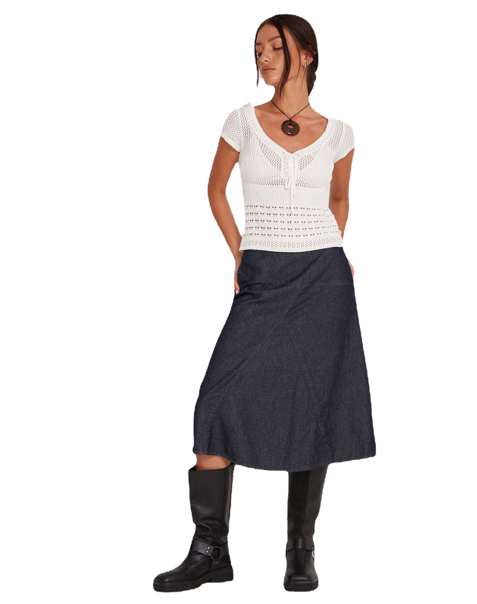 Women's V-Neck Hollow-Out Short-Sleeve Slim Knit Top