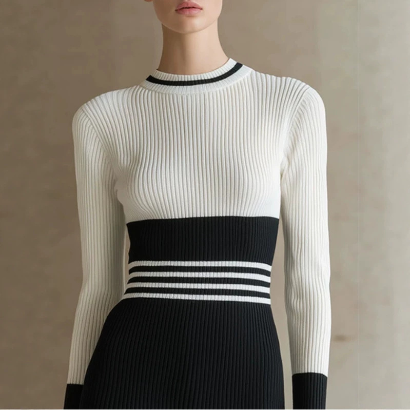 Elegant Black and White Striped Long-Sleeve Mini Dress