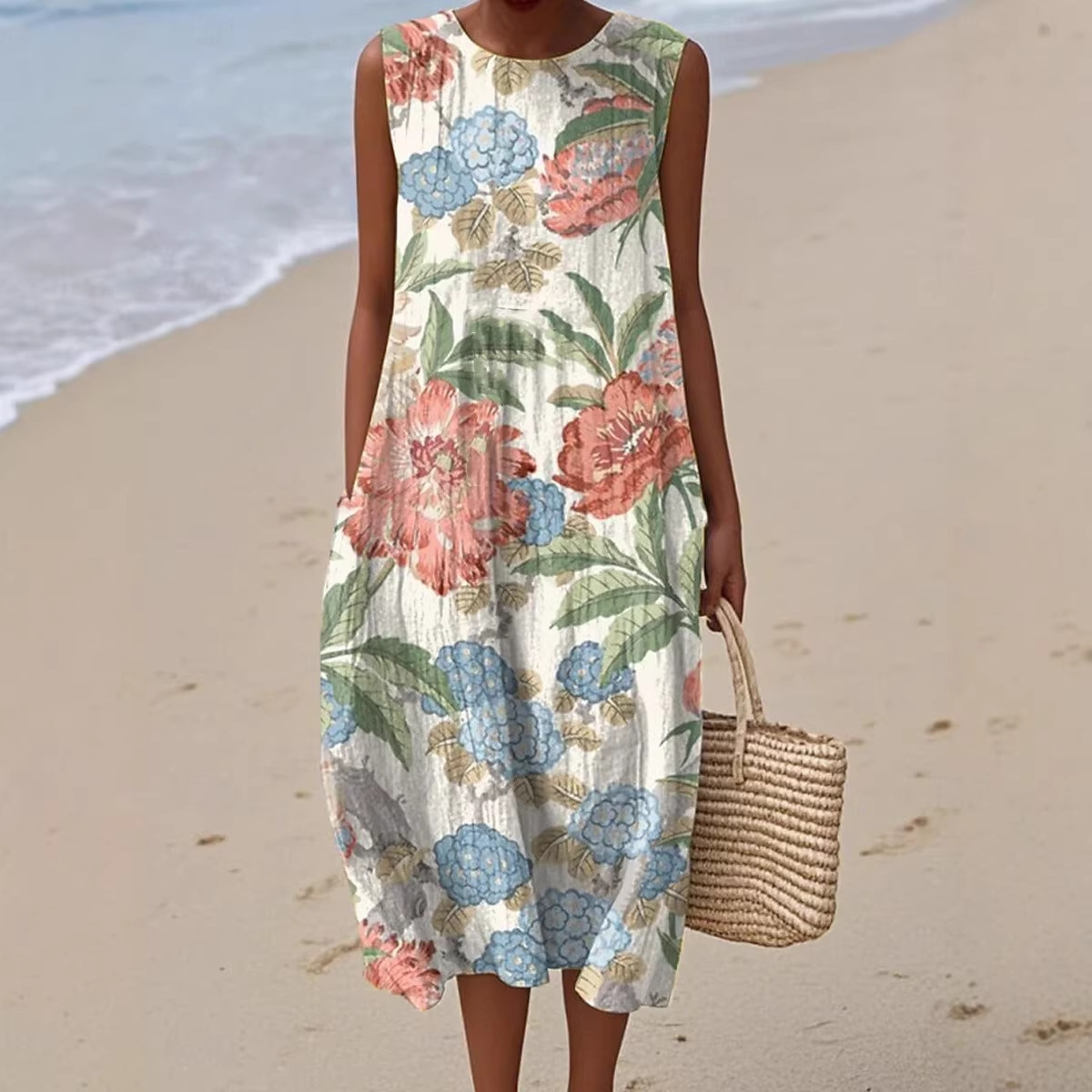 Retro Oil Painting 3D Print Sleeveless Loose Midi Dress