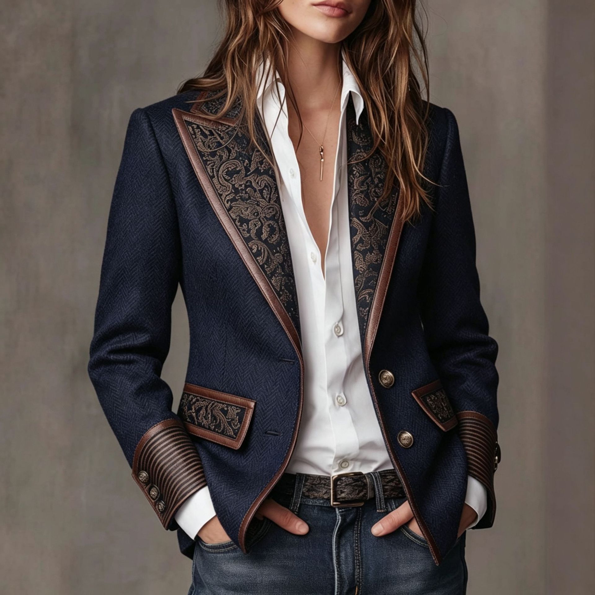 French Retro Color-Block Blazer-Collar Woolen Coat