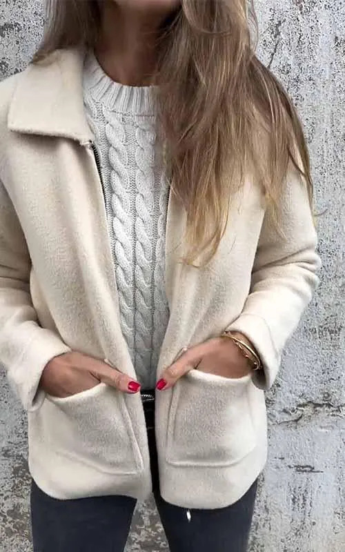 Women's Solid Color Zip Pocket Mid-Length Jacket with Lapel Collar