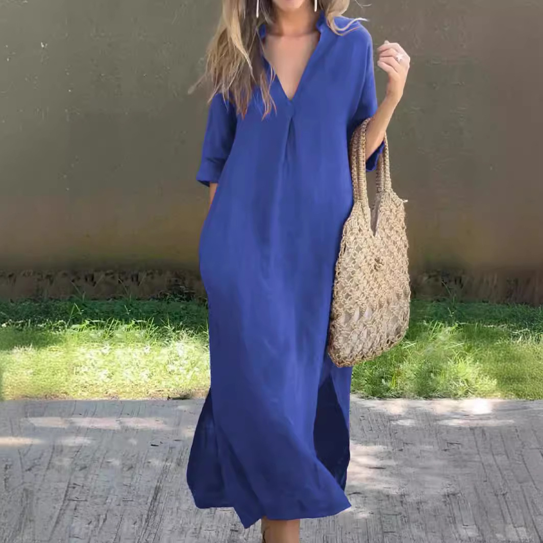 Women's V-Neck Pleated Midi Dress with Side Slits