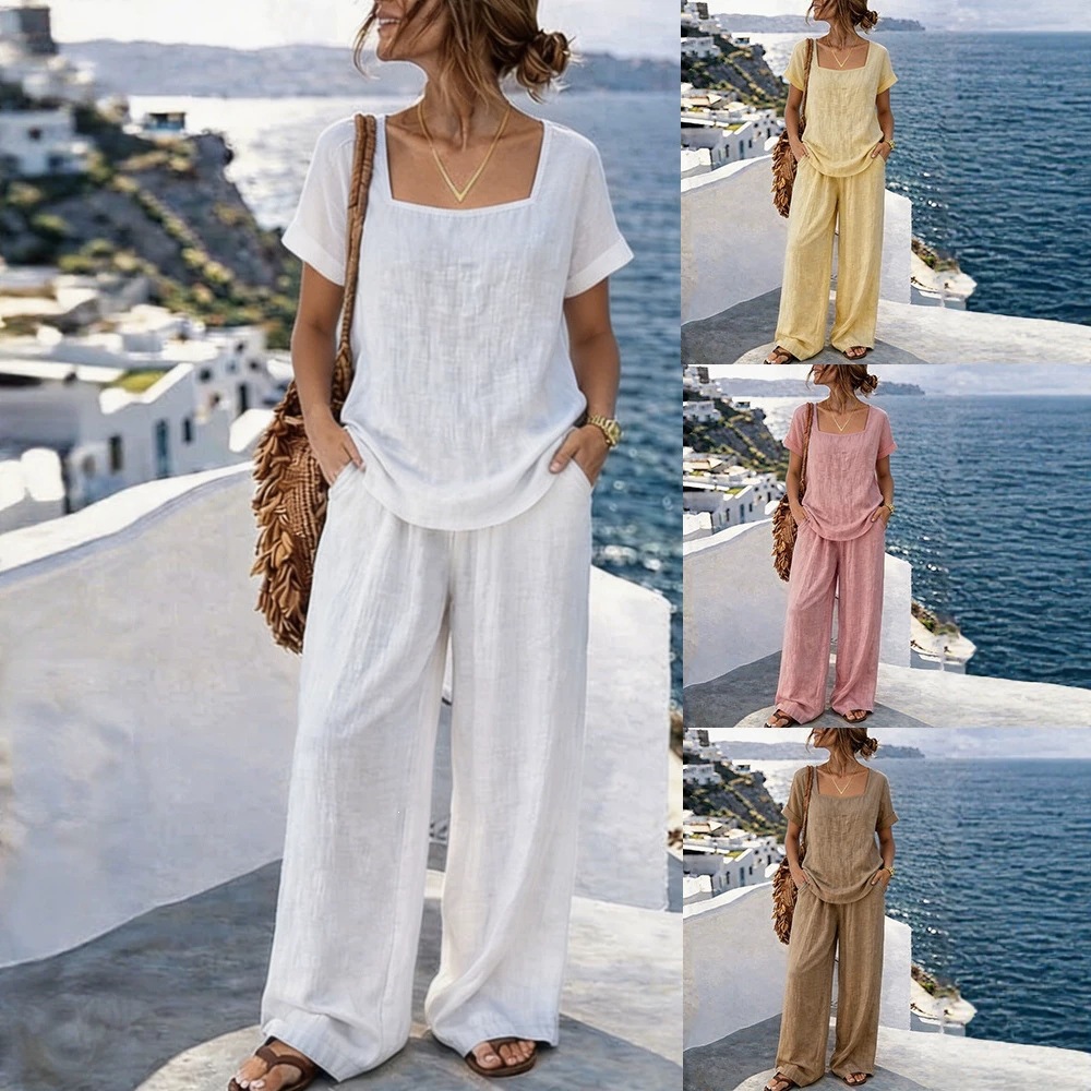 Women's Square Neck Short Sleeve Top and Pants Washed Cotton Set