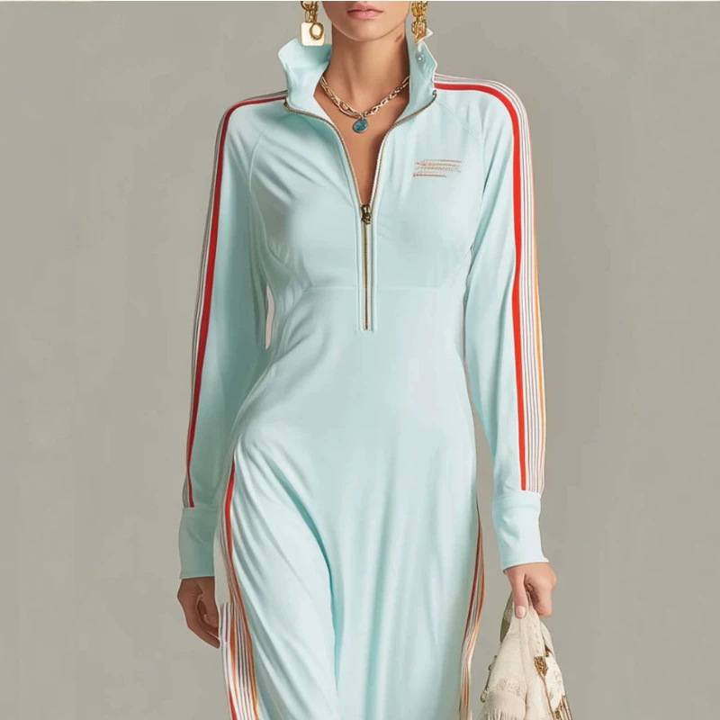 Retro Ice Blue Half-Zip Stand Collar Striped Long Sleeve Maxi Dress